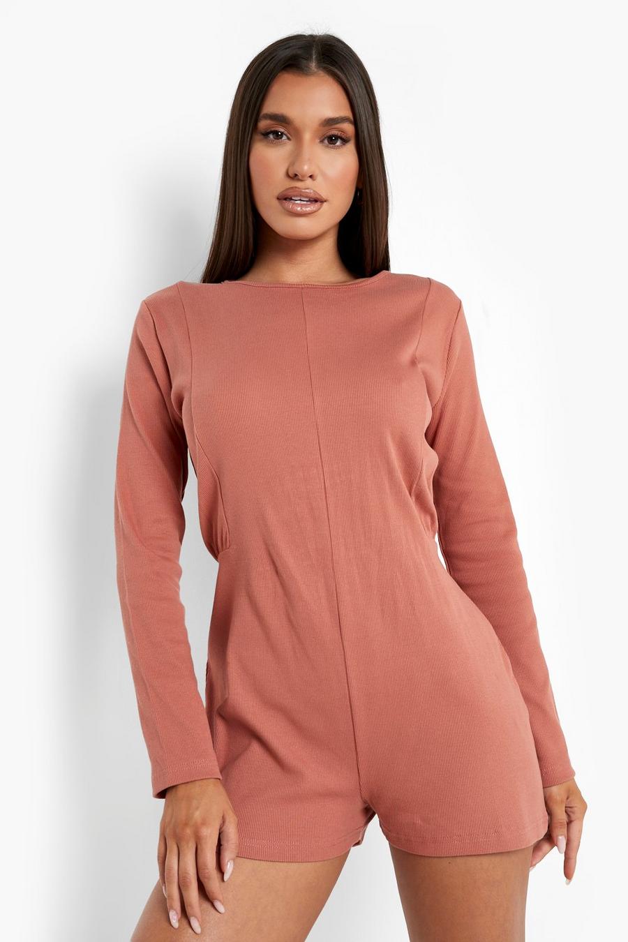 Chocolate Basic Rib Seam Detail Batwing Playsuit image number 1