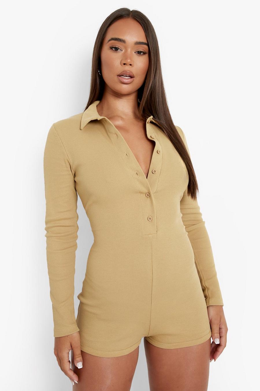Camel Rib Collared Button Down Romper image number 1