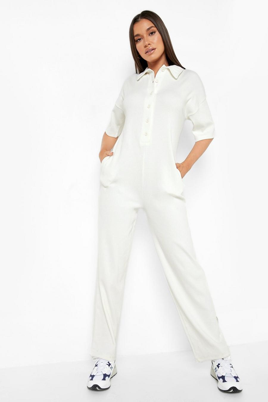 Off white Rib Collared Button Down Jumpsuit image number 1