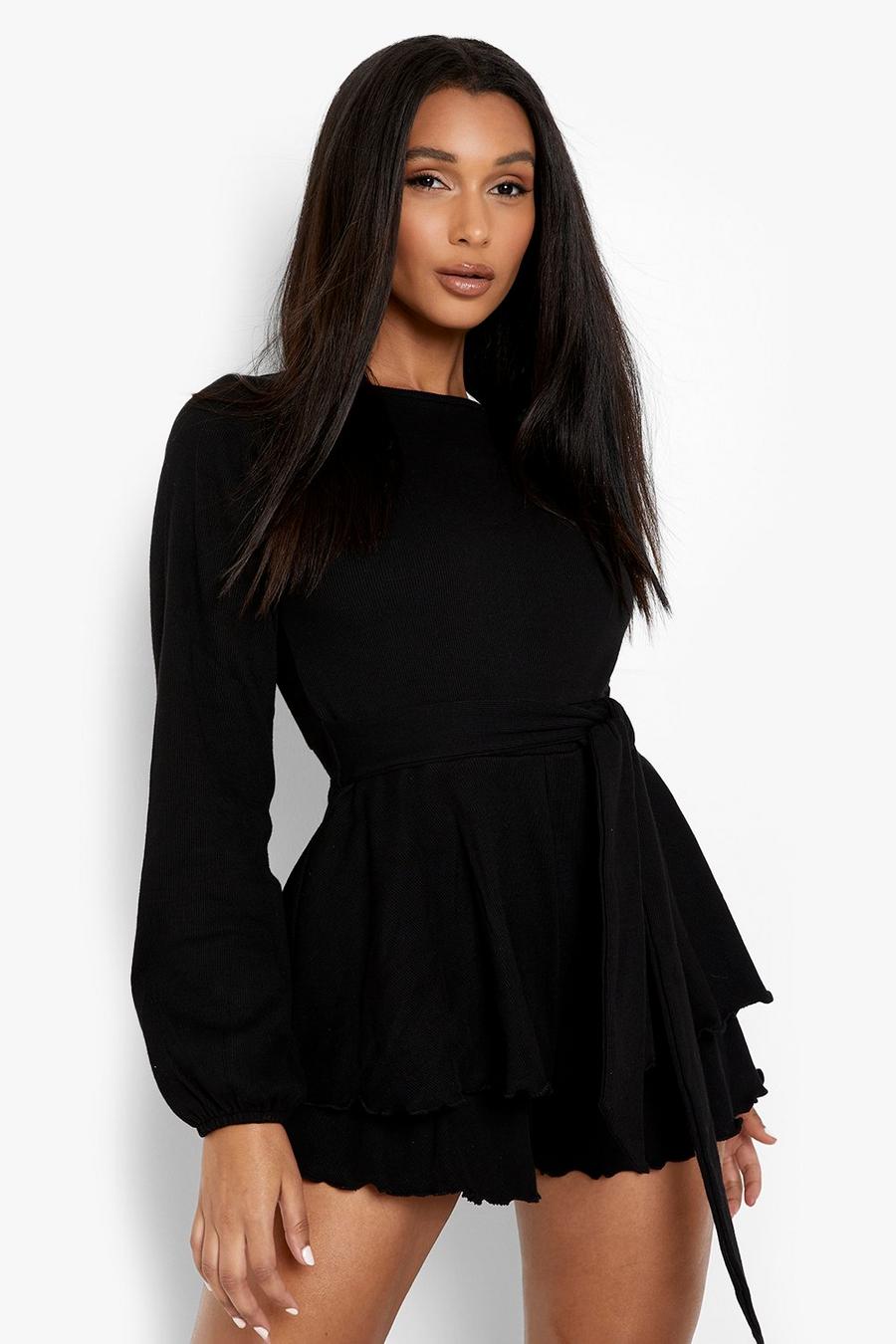 Black Rib Ruffle Belted Playsuit image number 1