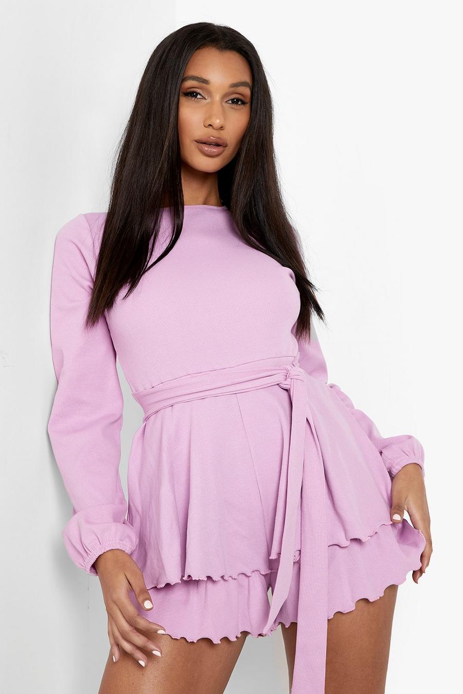 Lilac Rib Ruffle Belted Playsuit image number 1