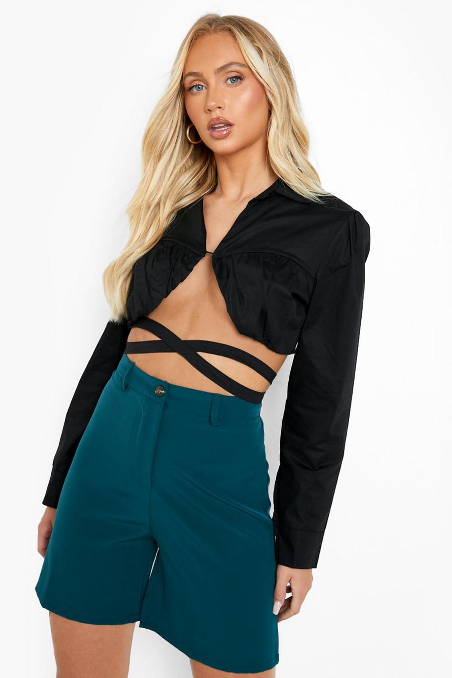 Teal Exposed Seam High Waist Tailored Shorts image number 1
