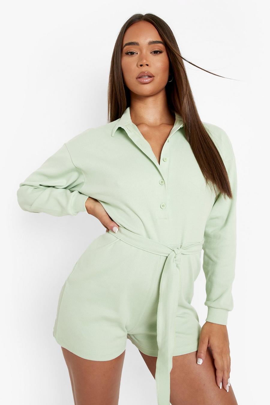 Pistachio Rib Belted Collar Detail Playsuit image number 1