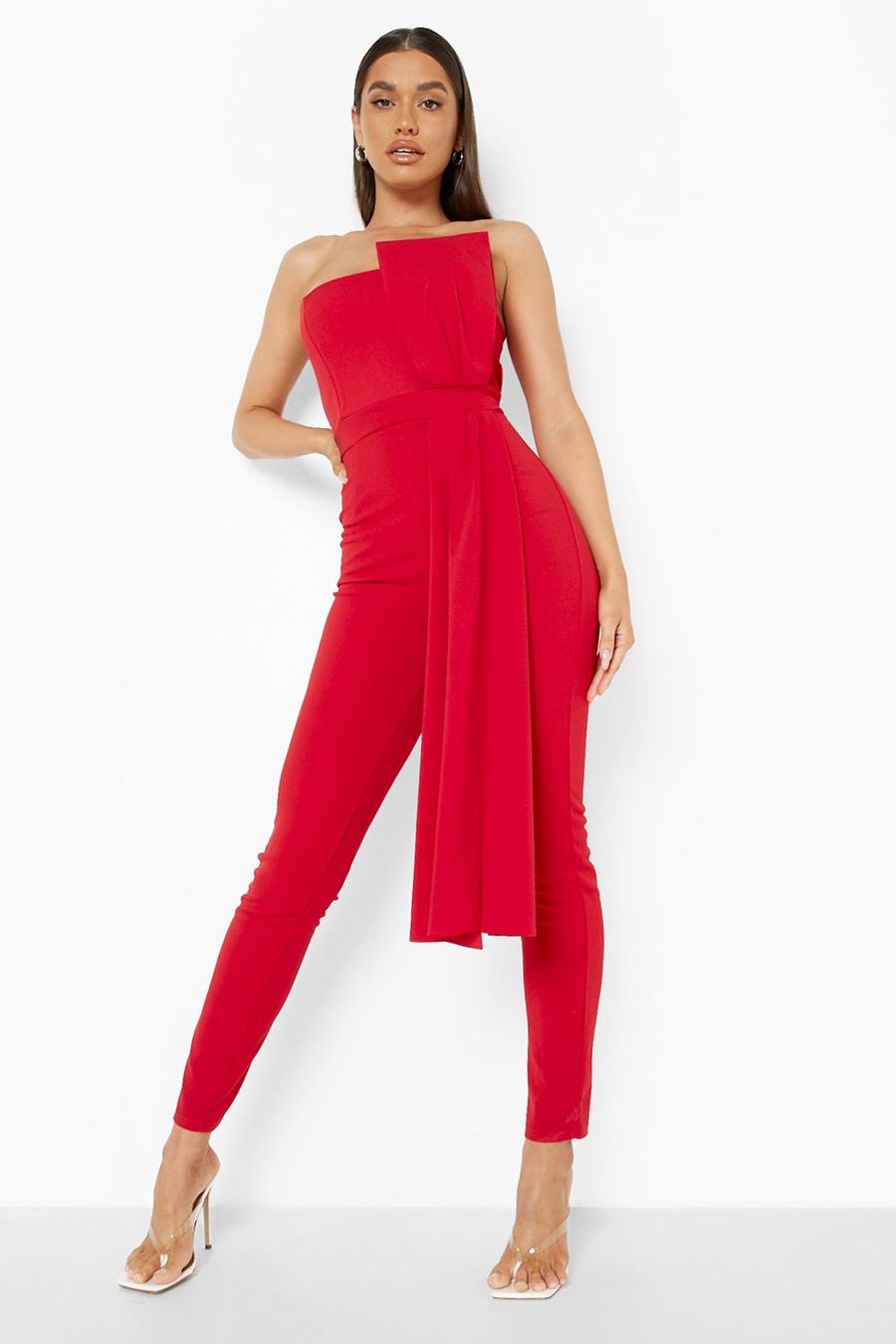Red Strapless Gedrappeerde Jumpsuit image number 1