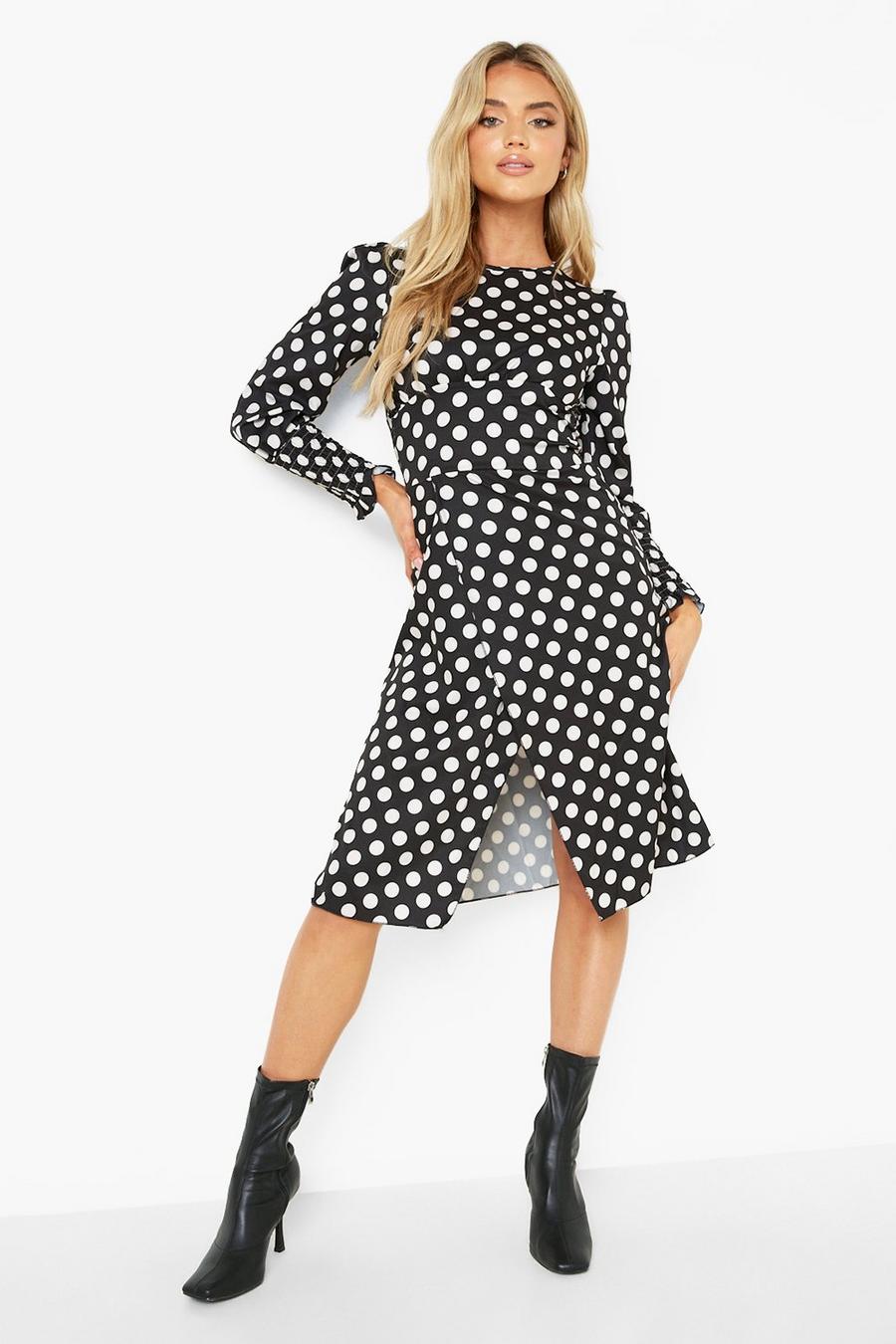 Black Polka Dot Side Split Midi Dress image number 1