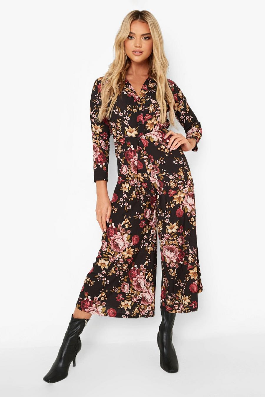 Black Floral Plunge Wide Leg Jumpsuit image number 1