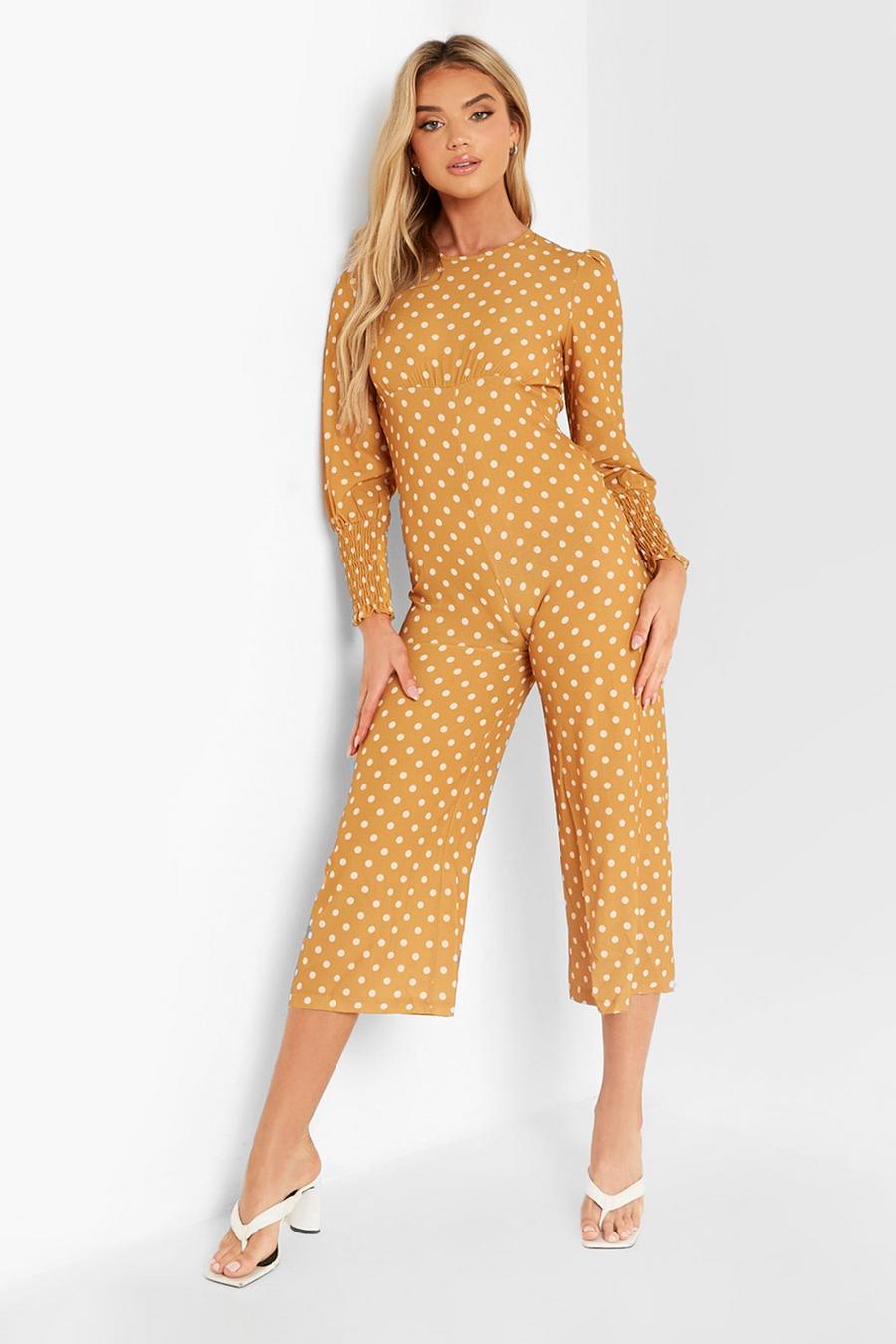 Mustard Polka Dot Shirred Cuff Culotte Jumpsuit image number 1