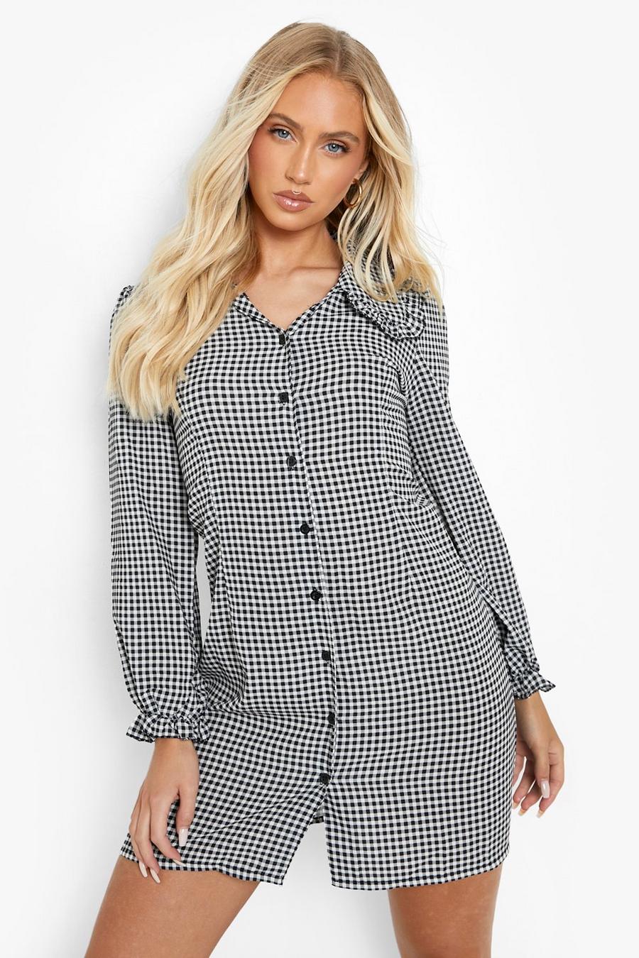 Black Check Collared Button Through Shift Dress image number 1