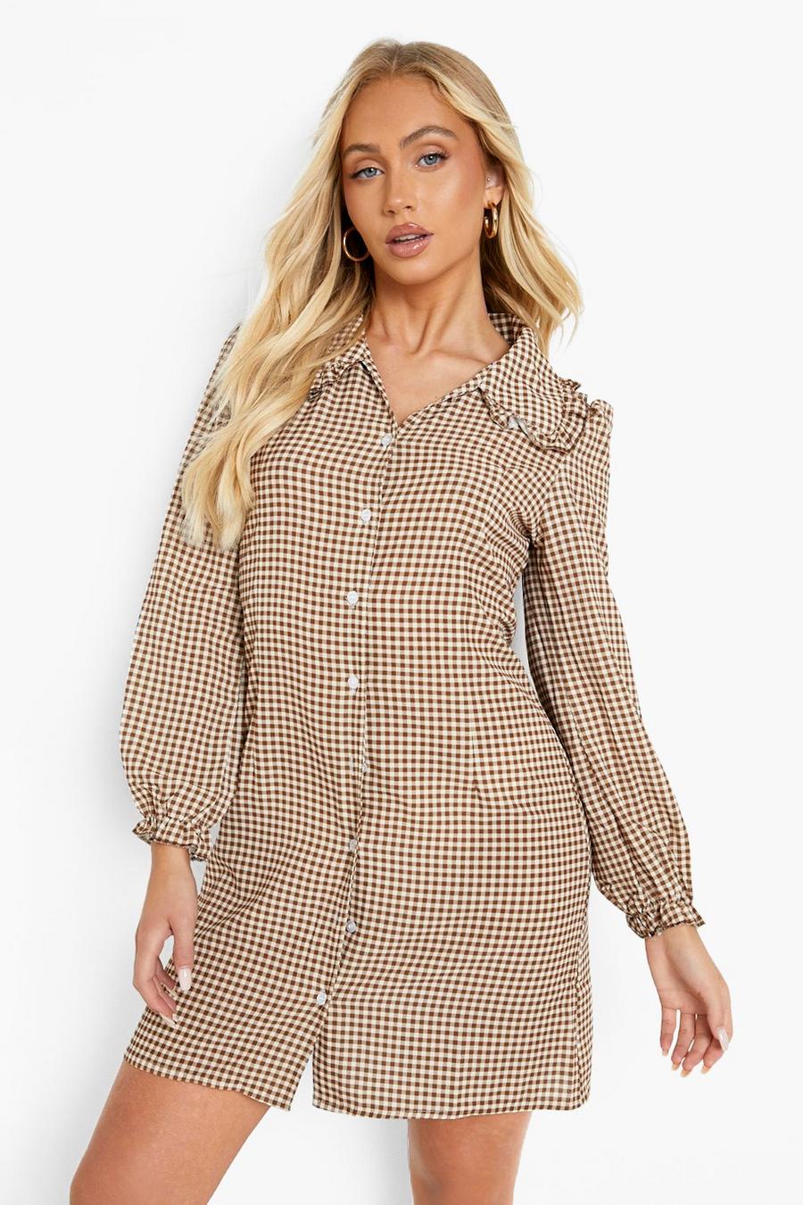 Chocolate Check Collared Button Through Shift Dress image number 1