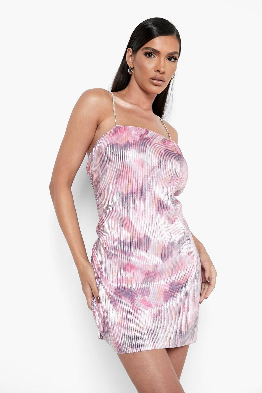 Pink Printed Plisse Diamante Strap Mini Dress image number 1