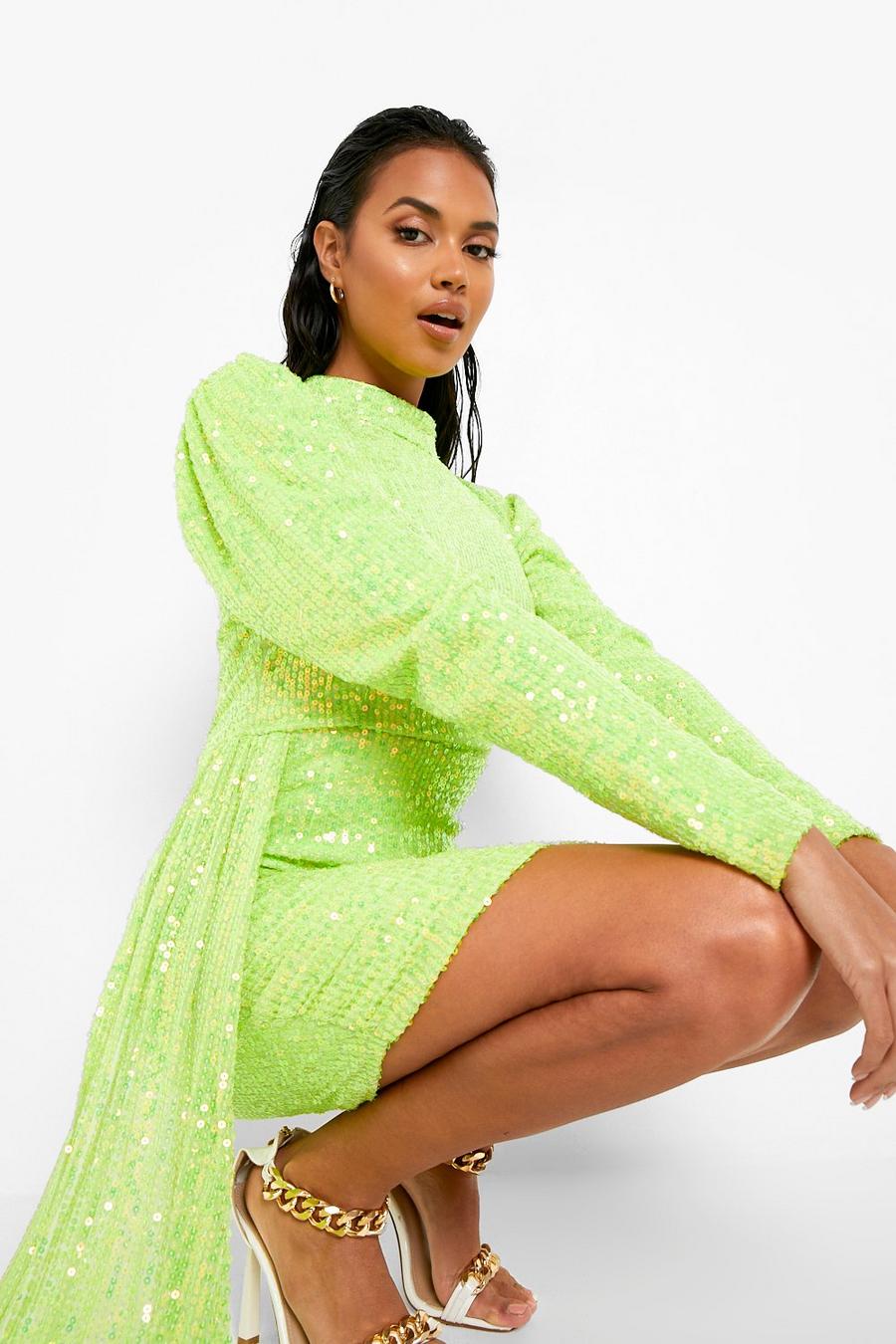 Lime Sequin Puff Sleeve Drape Mini Party Dress image number 1
