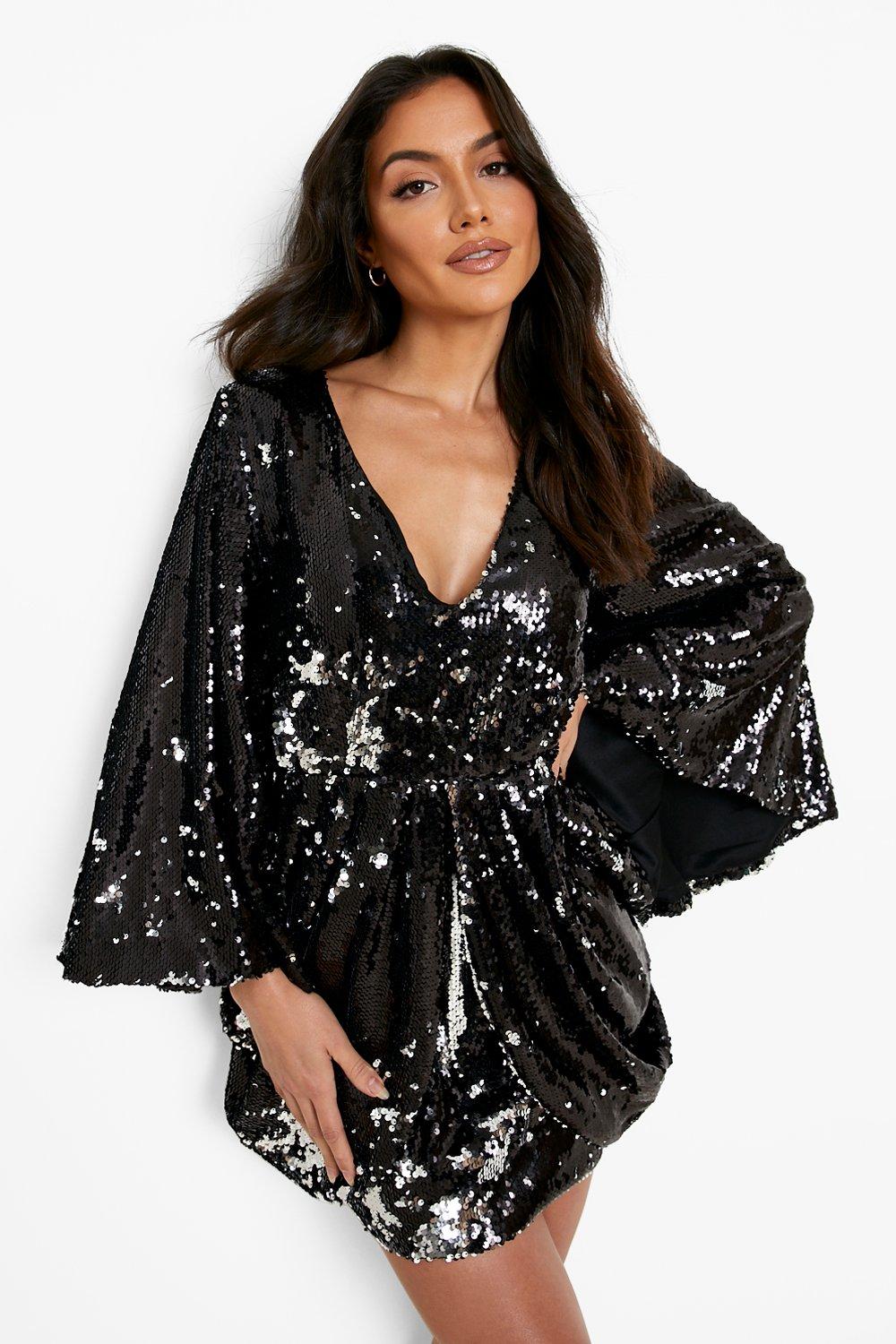 Sequin Flared Sleeve Drape Mini Dress | boohoo USA