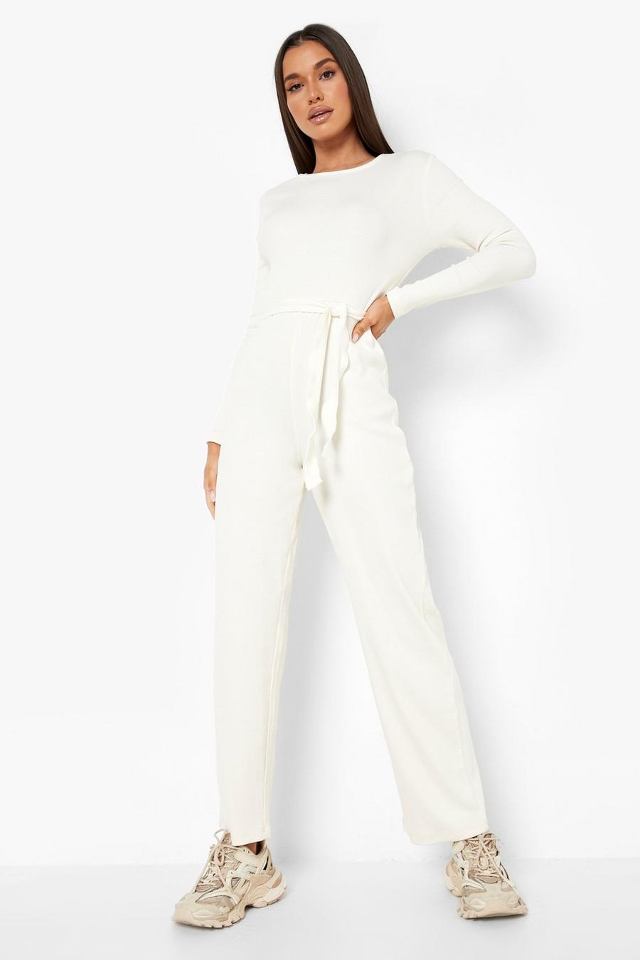 Off white Rib Long Sleeve Wide Leg Jumpsuit image number 1
