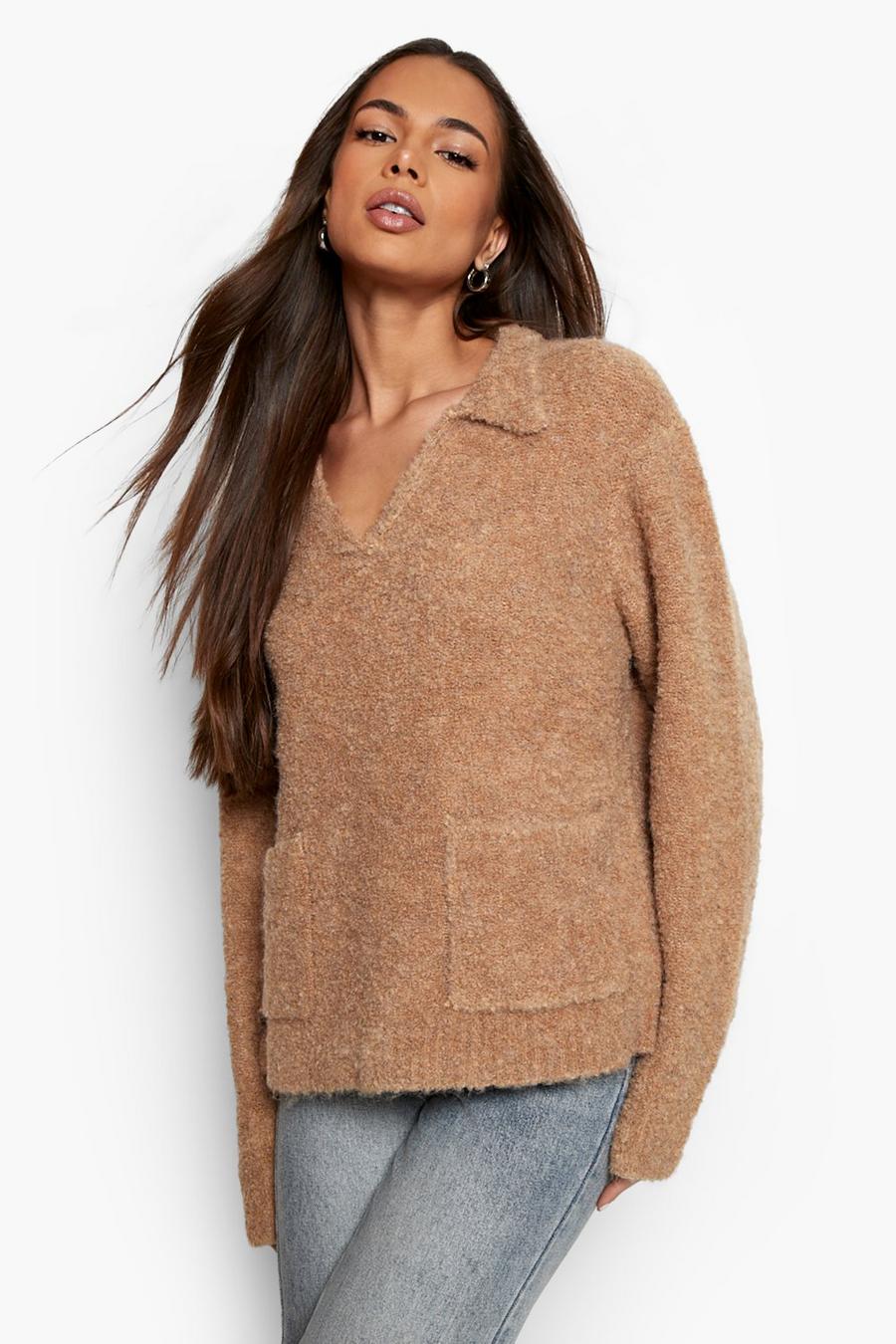 Camel Brushed Knit Polo Collar Sweater image number 1