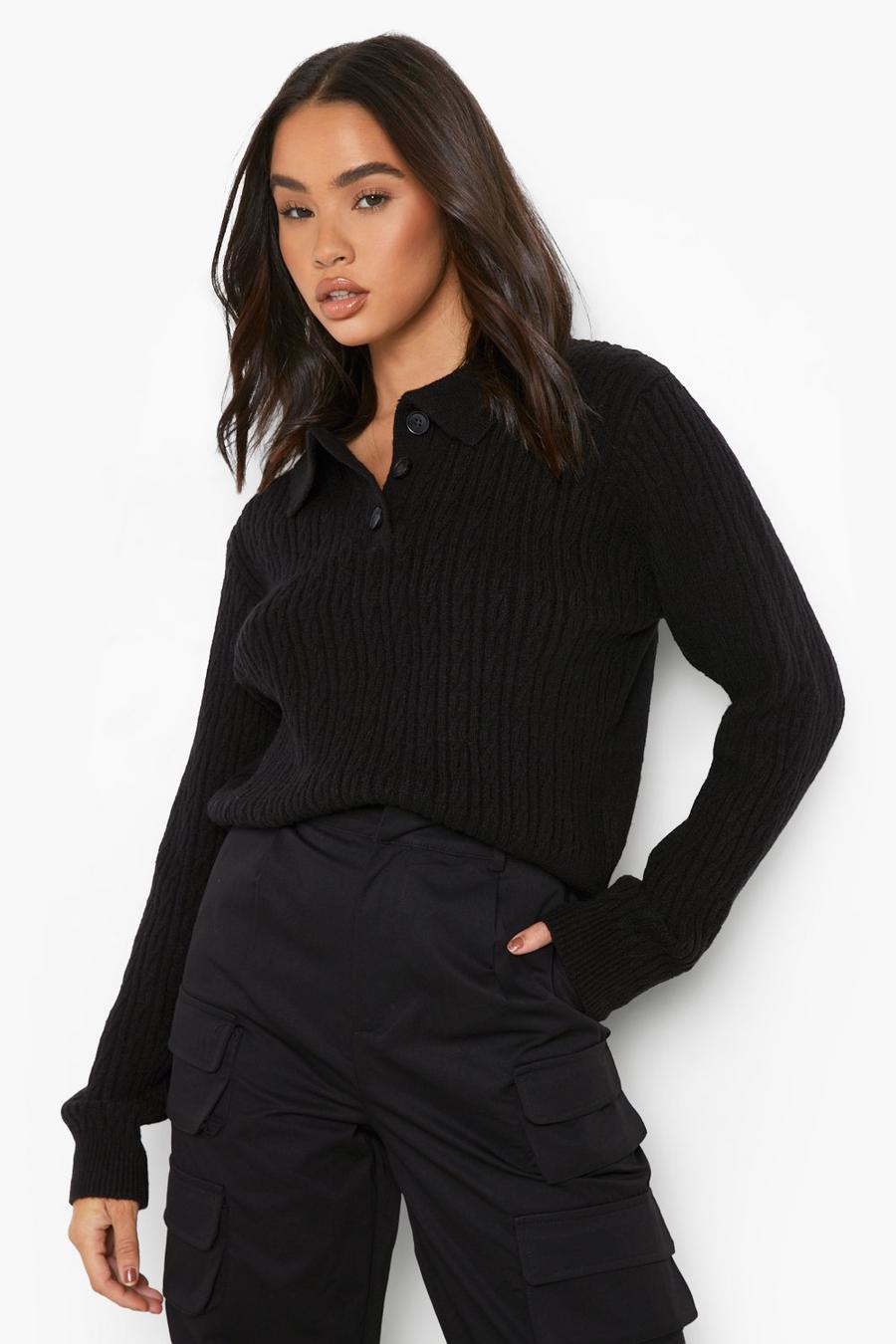 Black Cable Knit Polo Sweater image number 1
