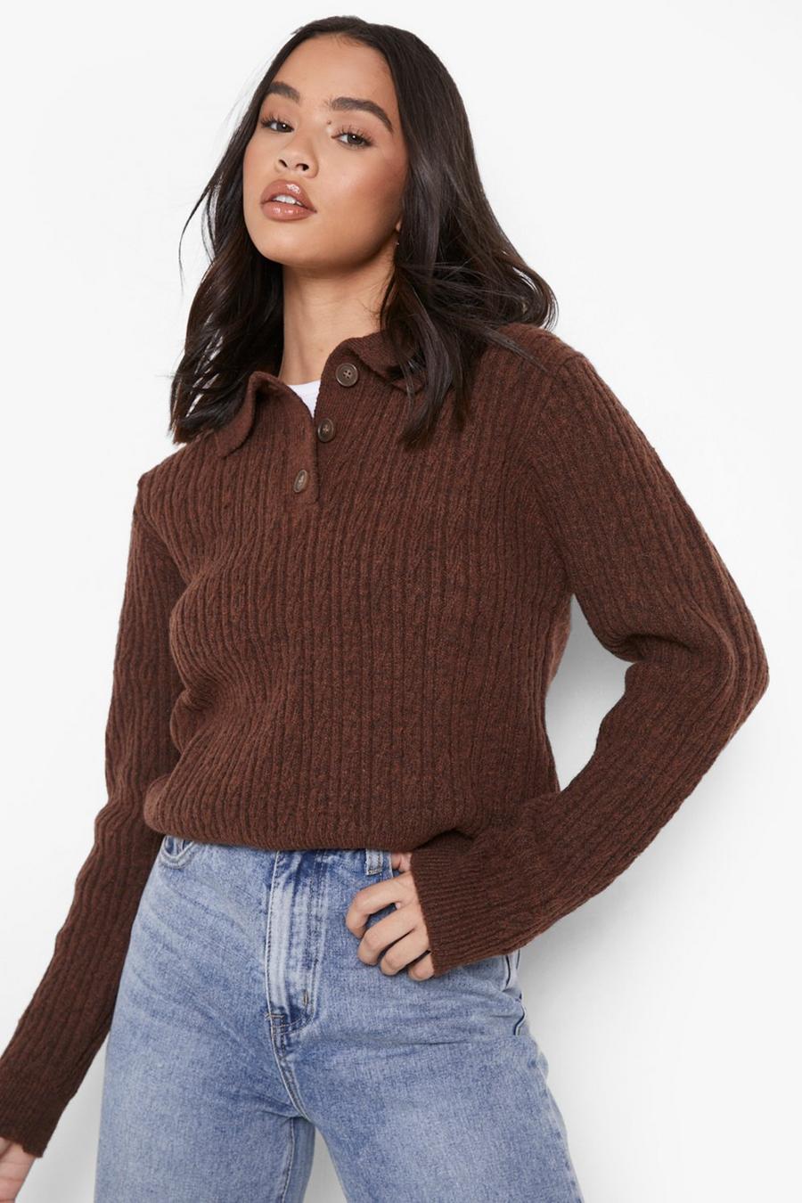 Chocolate Cable Knit Polo Jumper image number 1