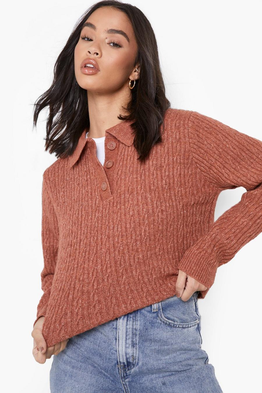 Terracotta Cable Knit Polo Jumper image number 1