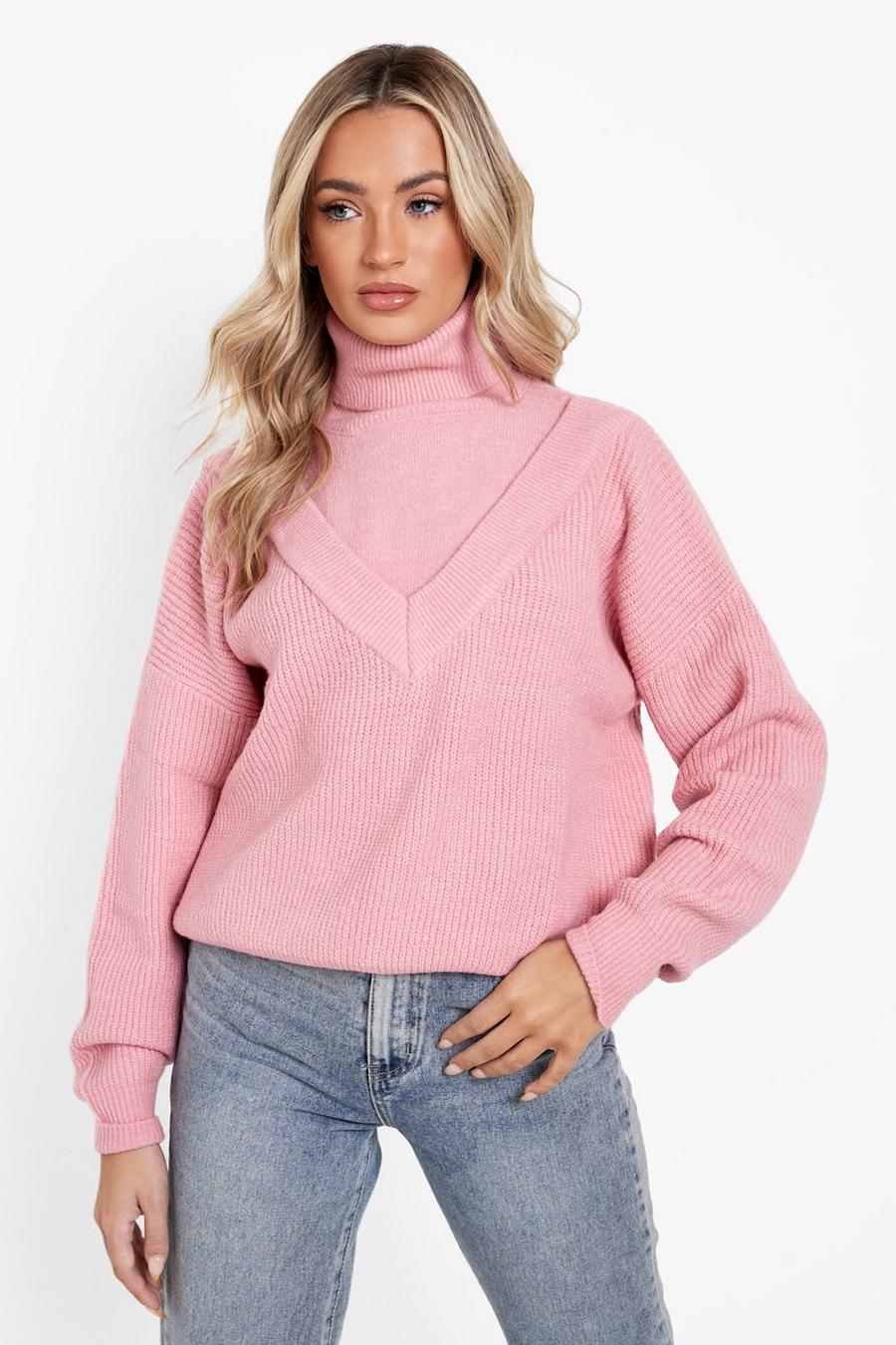 Blush pink Turtleneck Diamond Sweater image number 1
