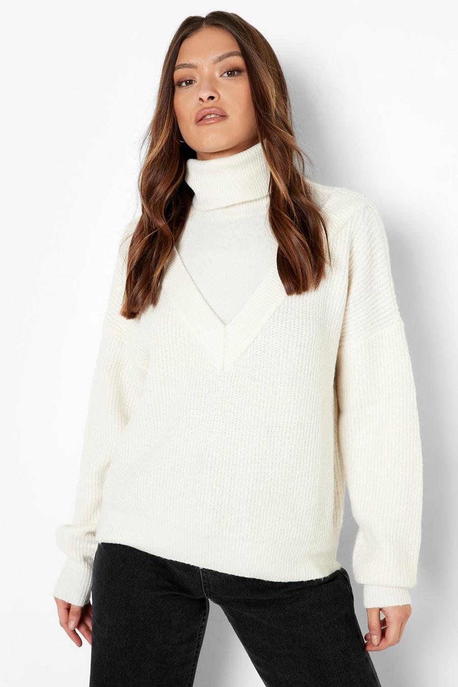 Cream white Turtleneck Diamond Sweater