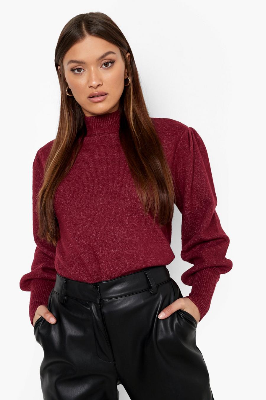 Berry Puff Sleeve High Neck Jumper image number 1