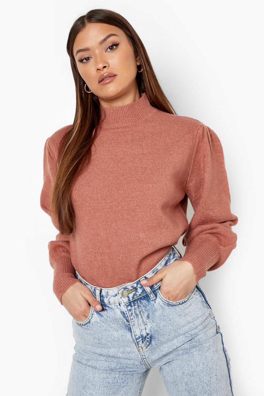 Terracotta Puff Sleeve High Neck Jumper image number 1