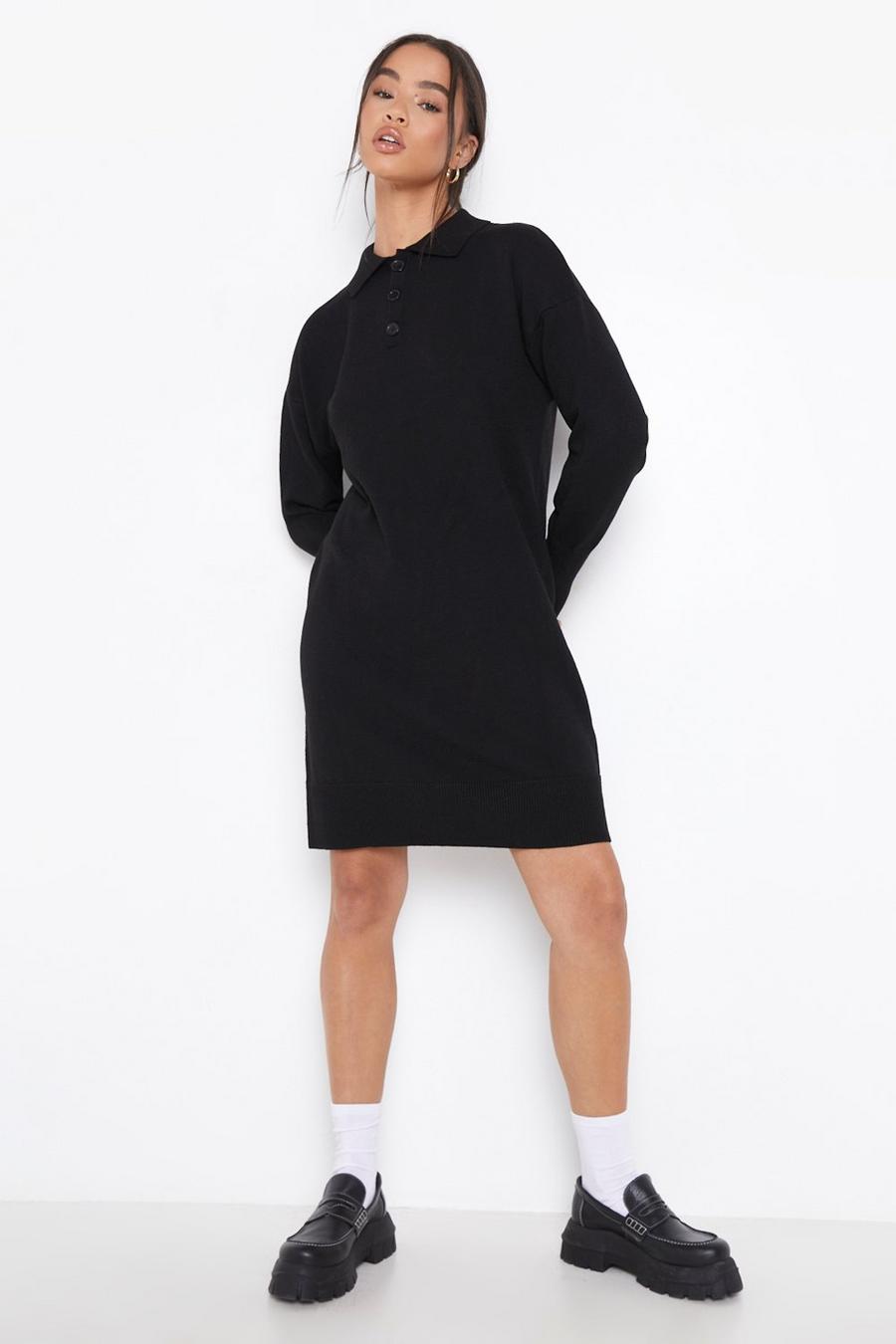 Black Polo Collar Knitted Midi Dress