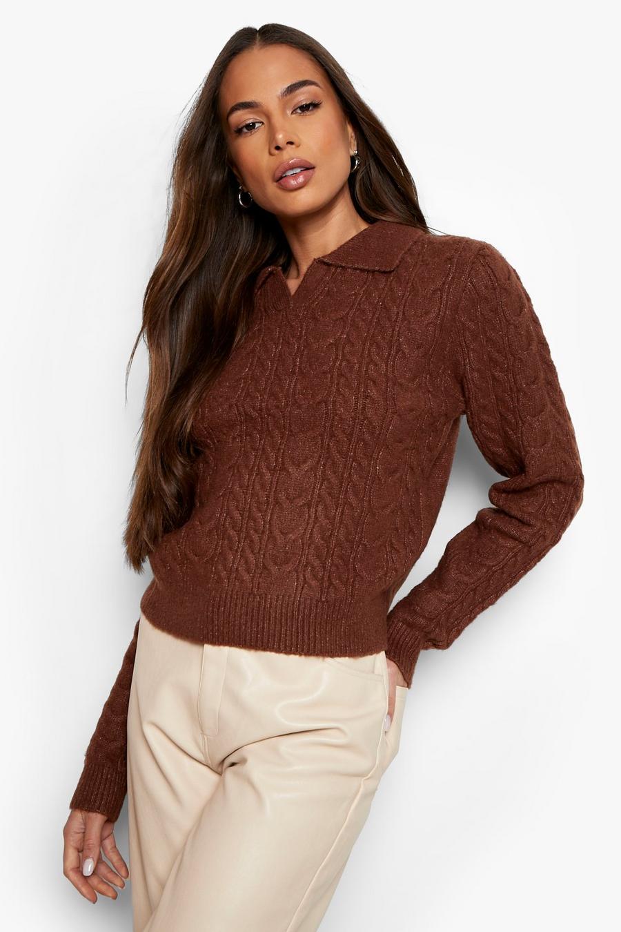 Chocolate Polo Collar Cable Knitted Jumper image number 1