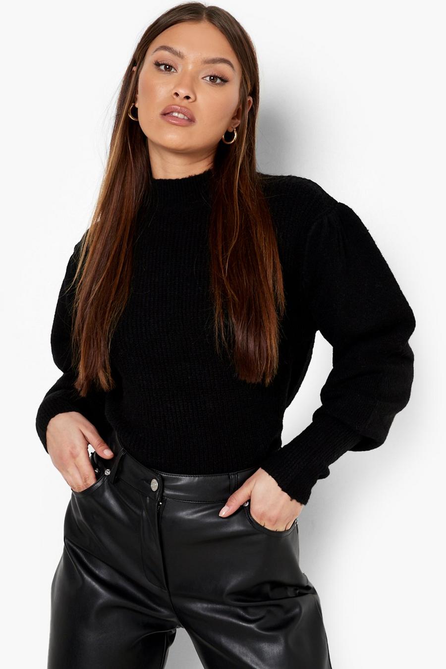 Black Rib Knit Puff Sleeve High Neck Sweater image number 1