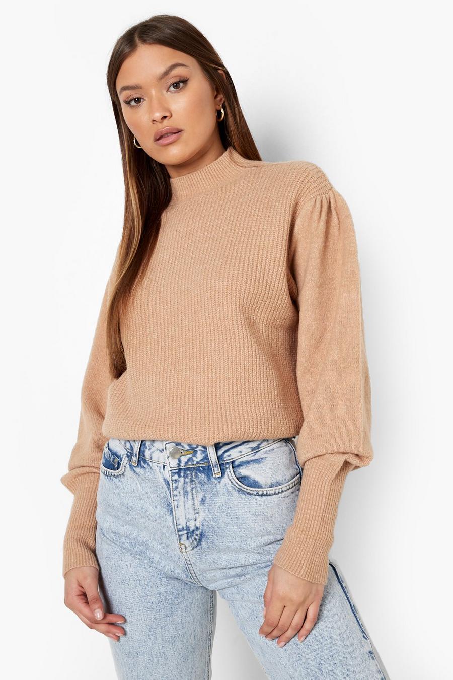 Camel Rib Knit Puff Sleeve High Neck Jumper image number 1
