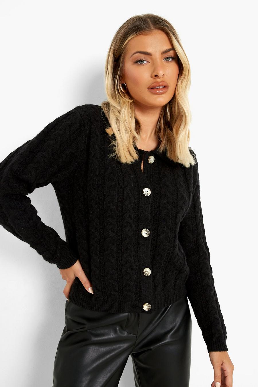 Black Cable Knit Crop Collared Cardigan image number 1