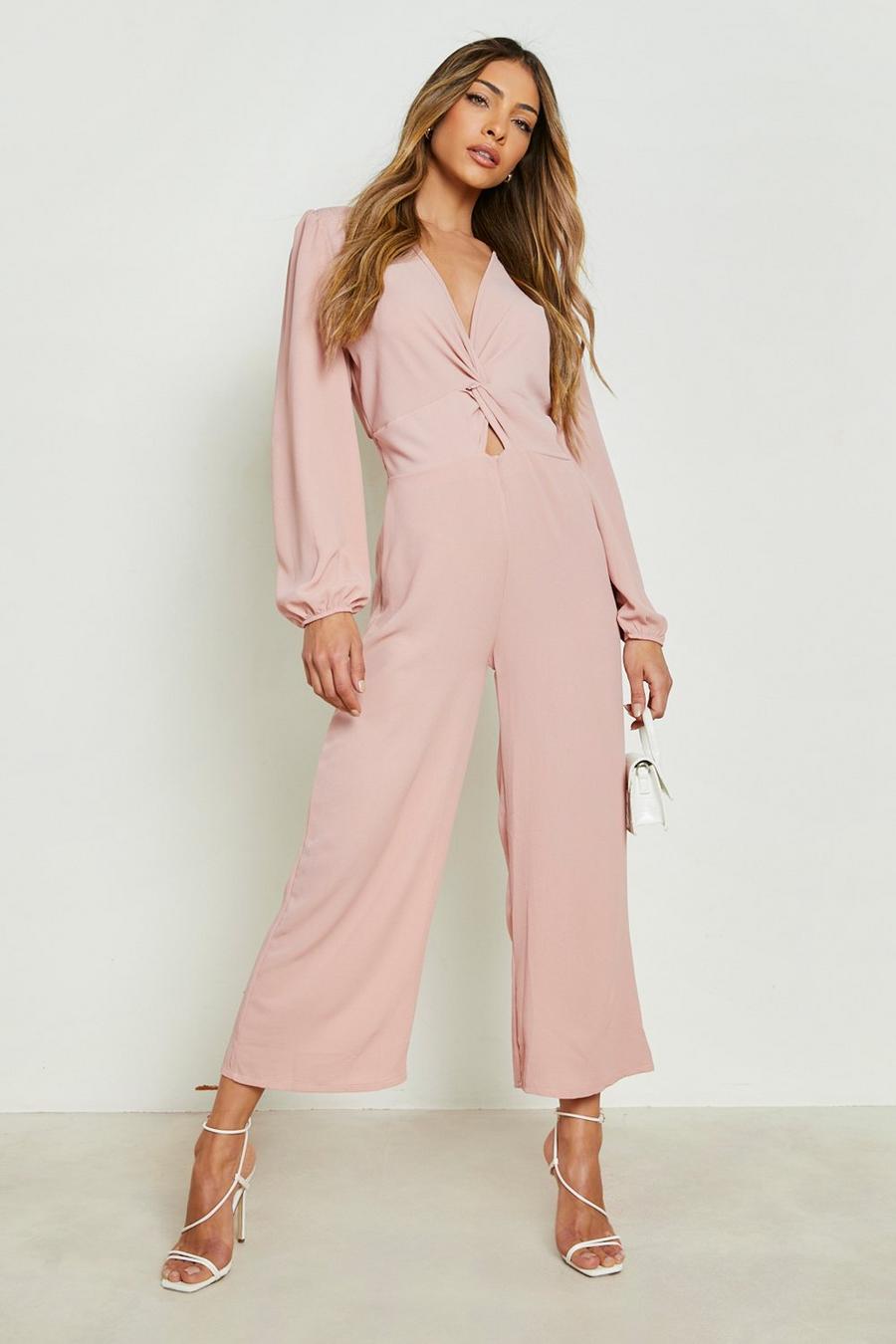 Blush pink Puff Sleeve Twist Detail Culotte Jumpsuit