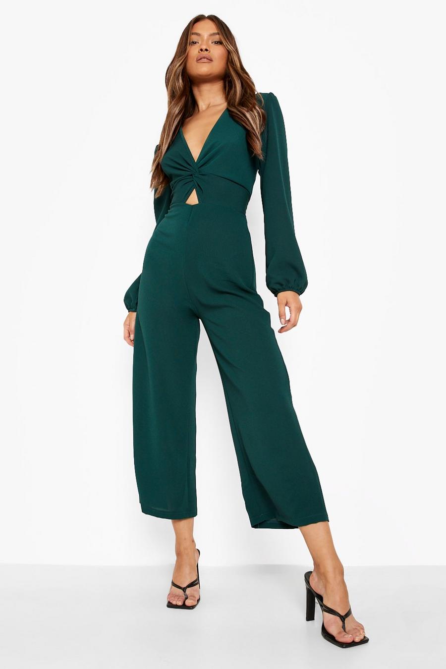 Green Puff Sleeve Twist Detail Culotte Jumpsuit