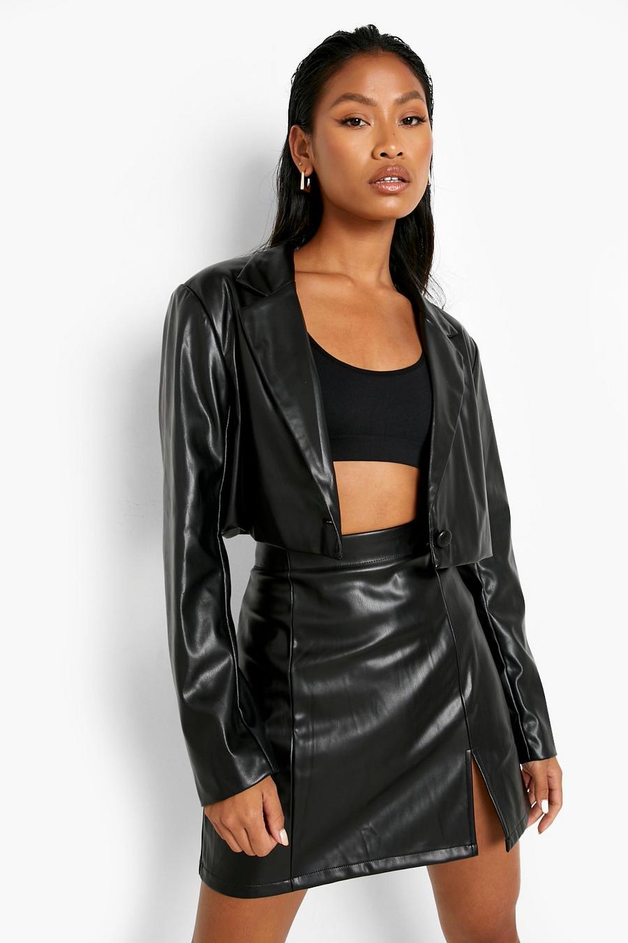 Black Faux Leather Split Front Mini Skirt image number 1