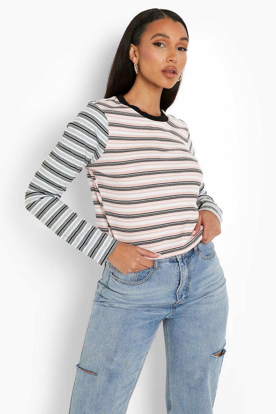 Blush Crew Neck Long Sleeve Contrast Striped Top image number 1