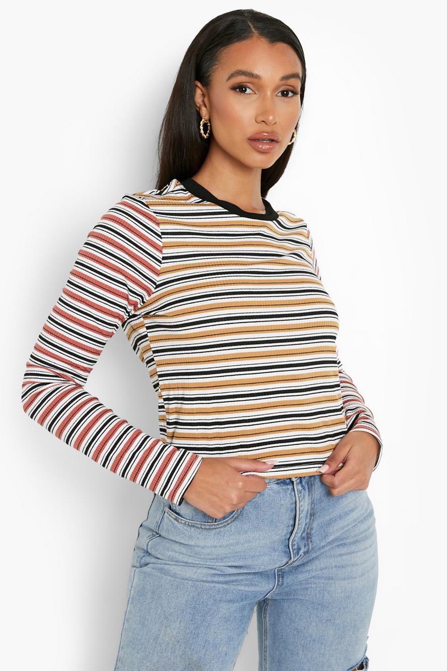 Mustard Crew Neck Long Sleeve Contrast Striped Top image number 1
