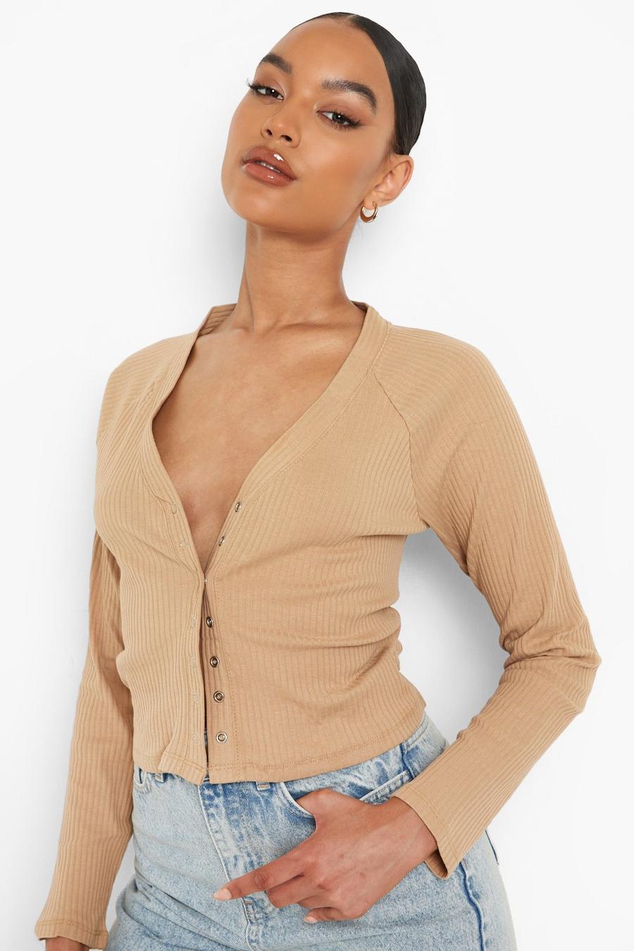 Taupe Rib Long Sleeve Vneck Popper Top image number 1