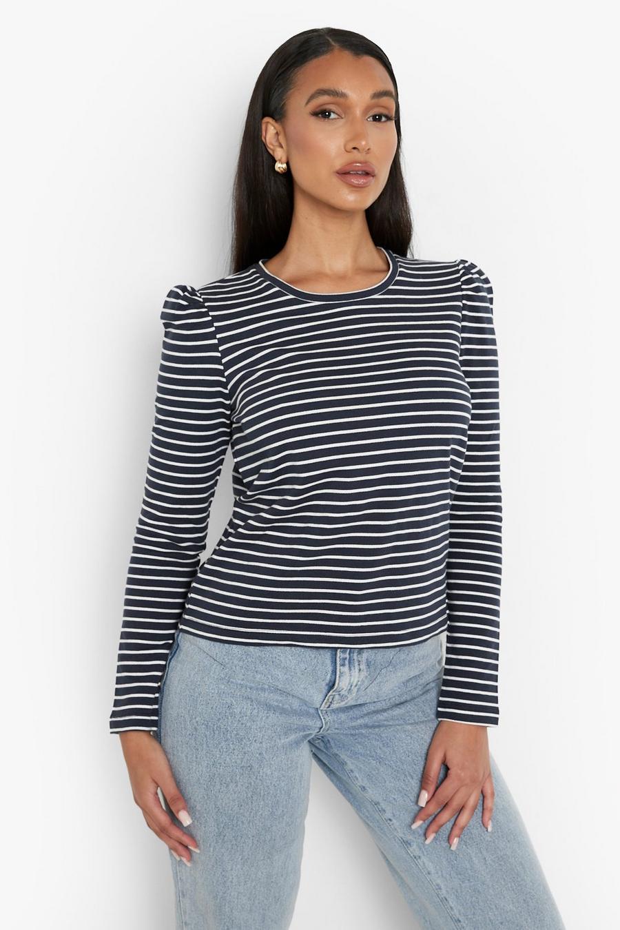 Top a maniche lunghe a sbuffo a righe a contrasto, Navy image number 1