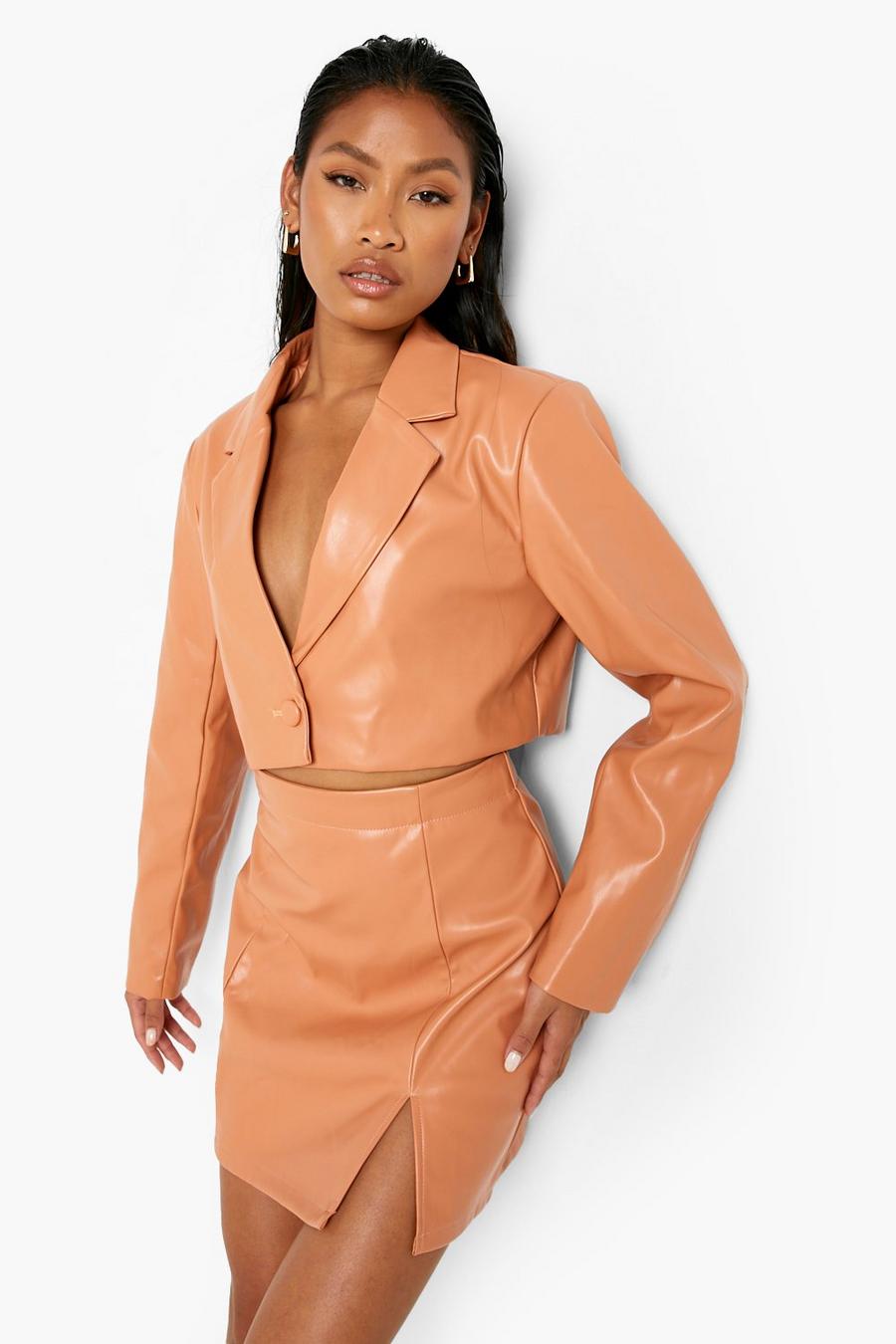 Camel Faux Leather Cropped Tailored Blazer image number 1