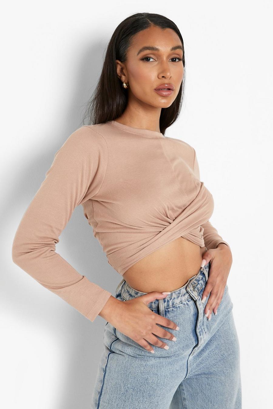 Taupe Long Sleeve Top With Twist Front image number 1