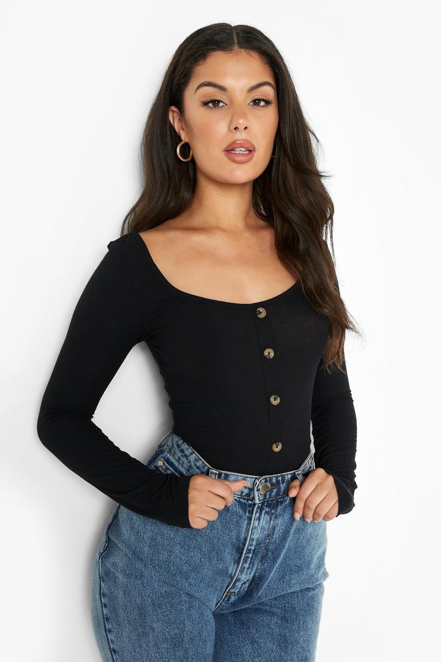 Black Scoop Neck Button Through Long Sleeve Top image number 1