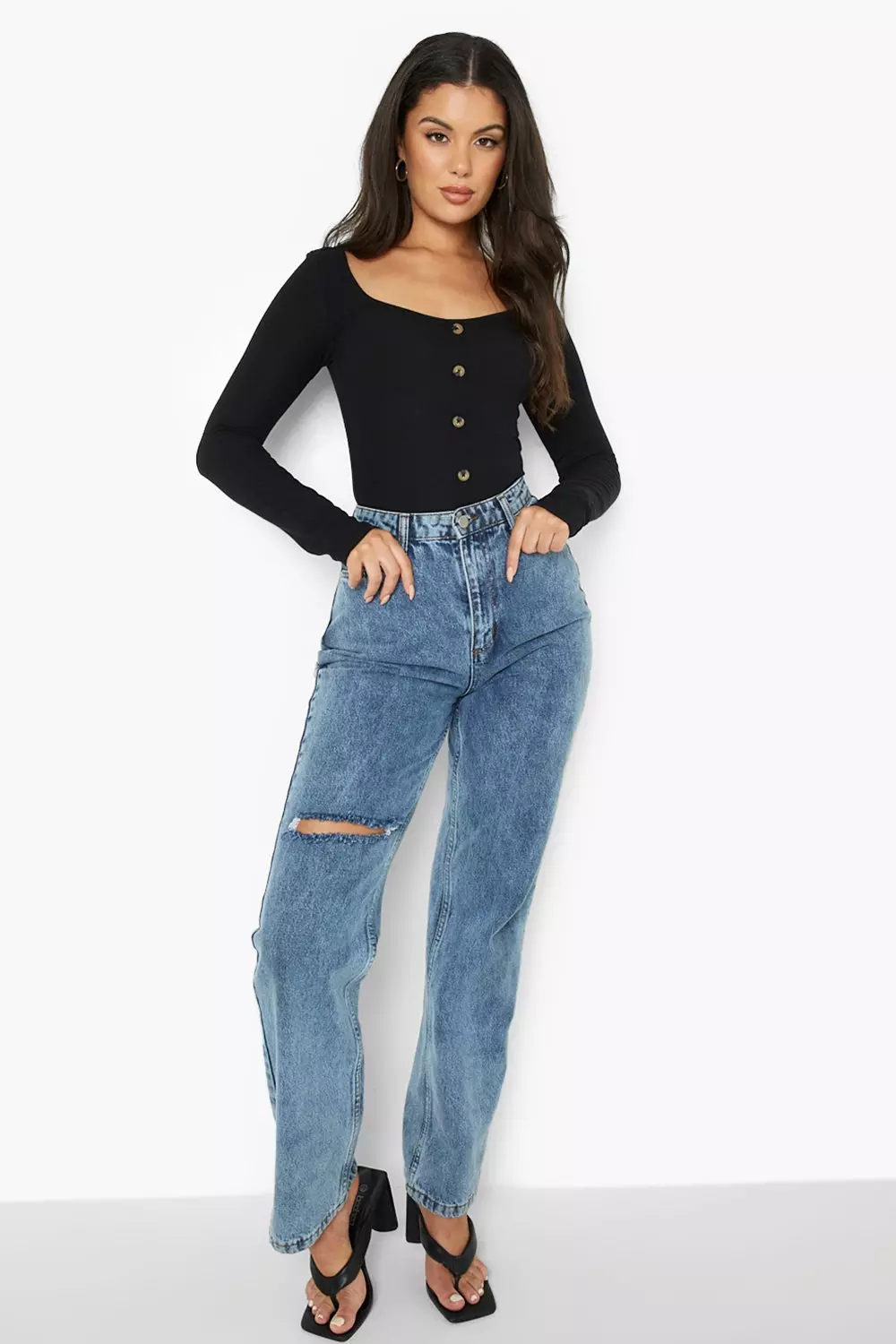 Black Scoop Neck Button Through Long Sleeve Top alternative image
