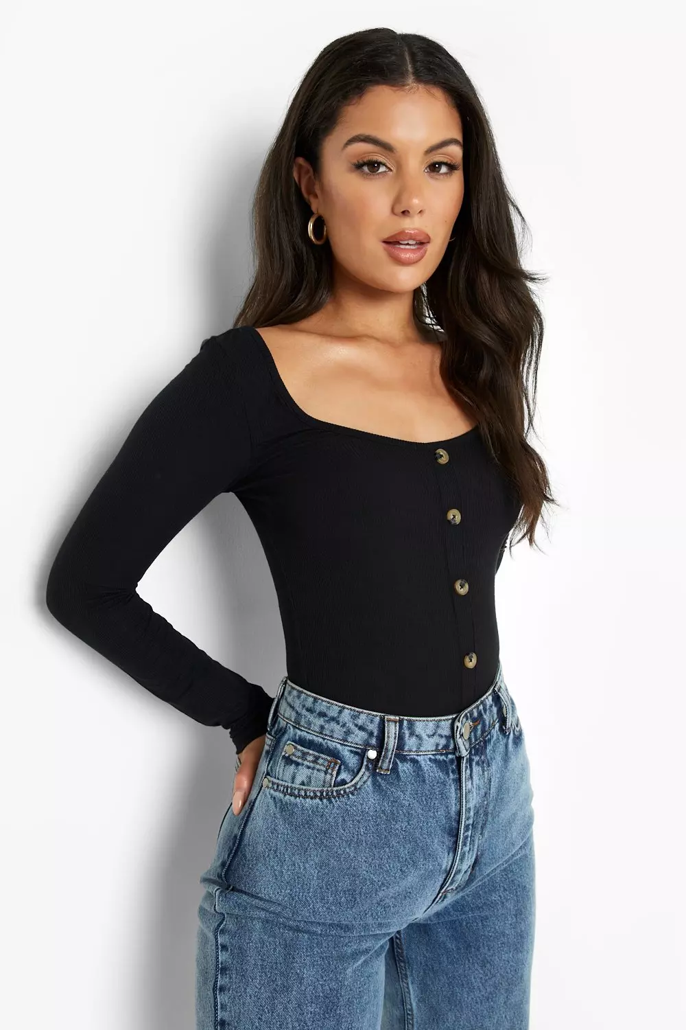 Black Scoop Neck Button Through Long Sleeve Top alternative image
