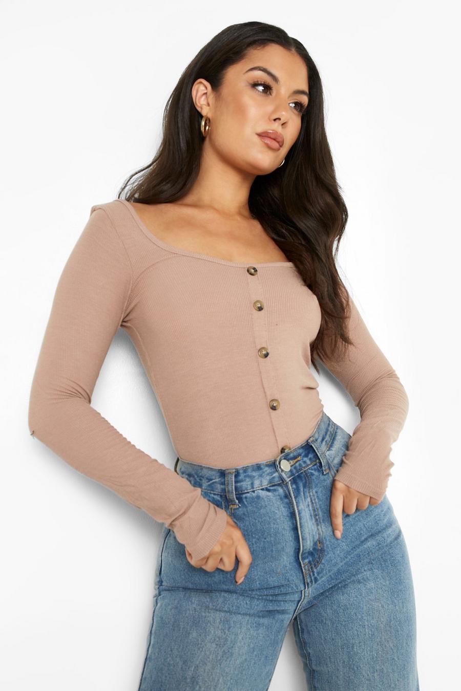 Taupe Scoop Neck Button Through Long Sleeve Top image number 1