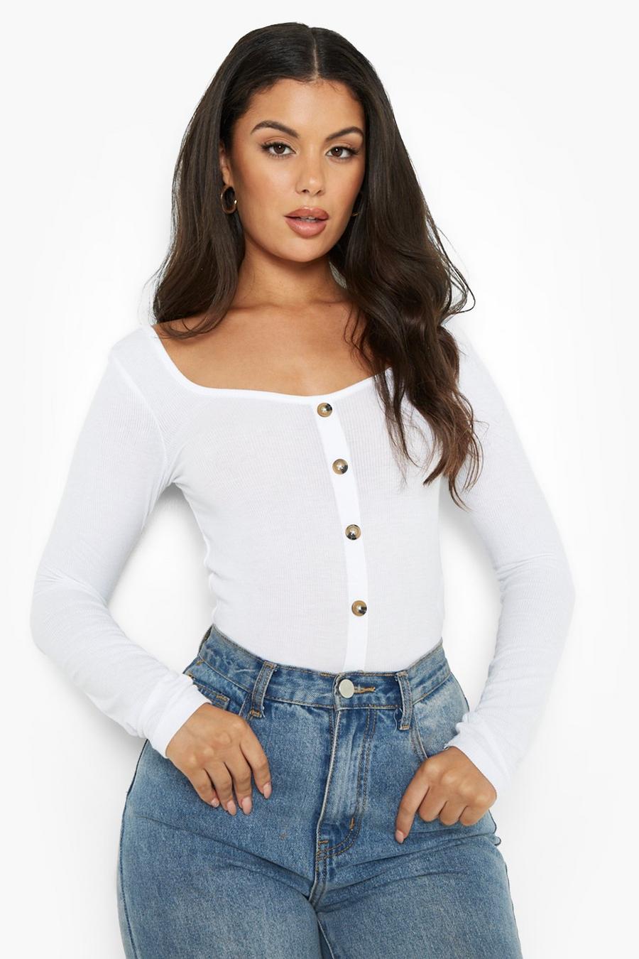 White Scoop Neck Button Through Long Sleeve Top image number 1