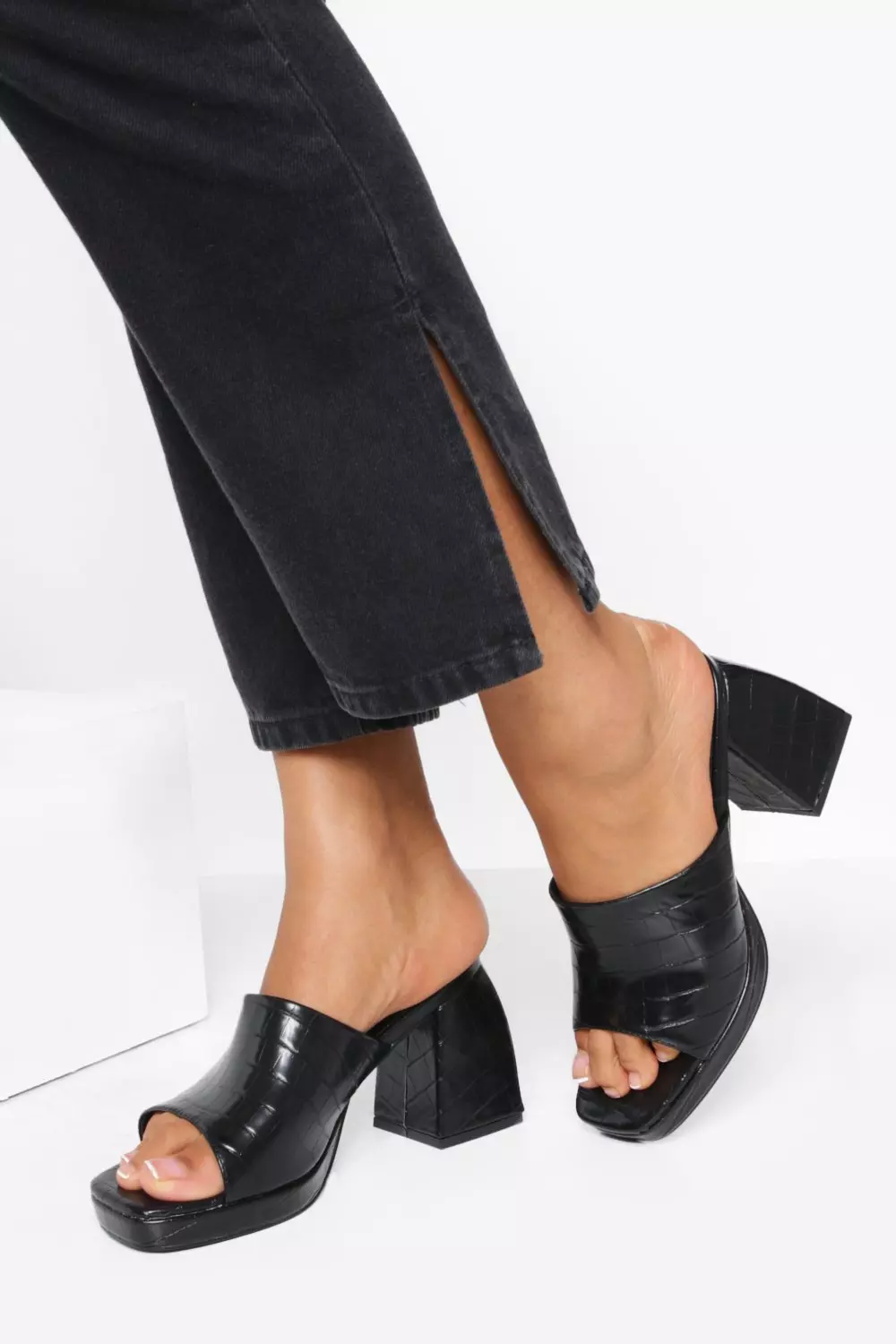 Black Croc Chunky Mules alternative image