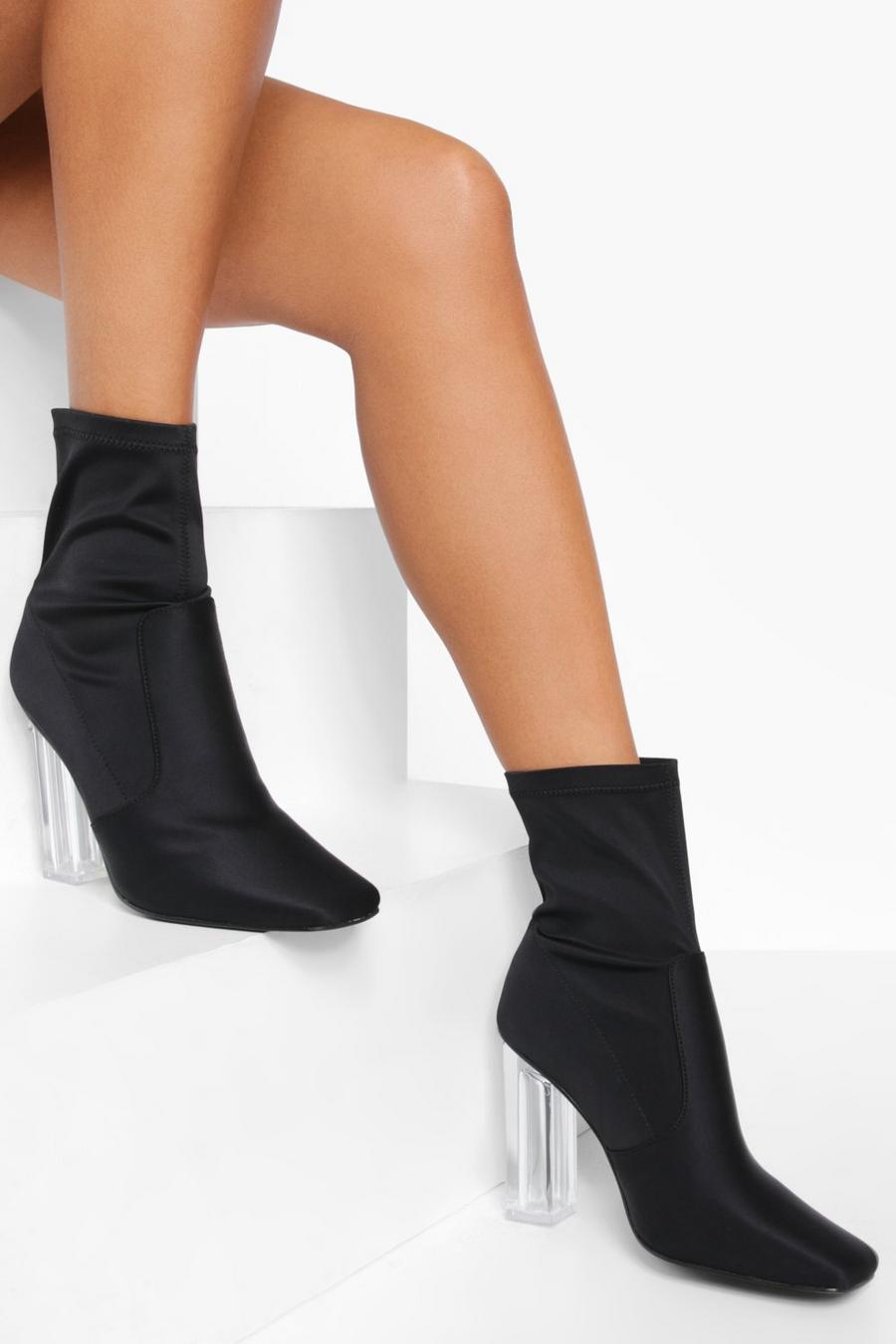 Black Clear Heel Pointed Sock Boots image number 1