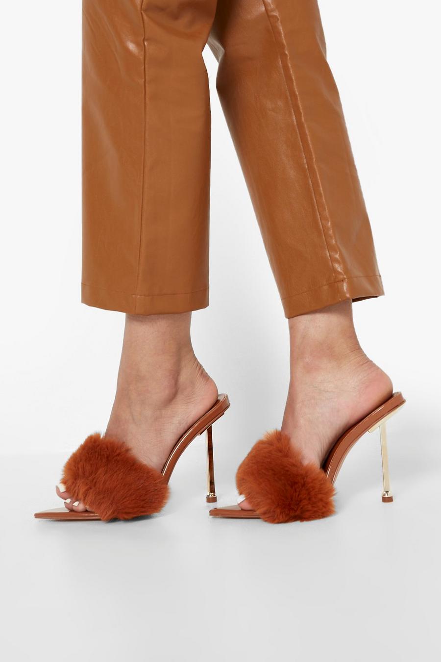 Chocolate Fur Pointed Toe Gold Detail Heels image number 1