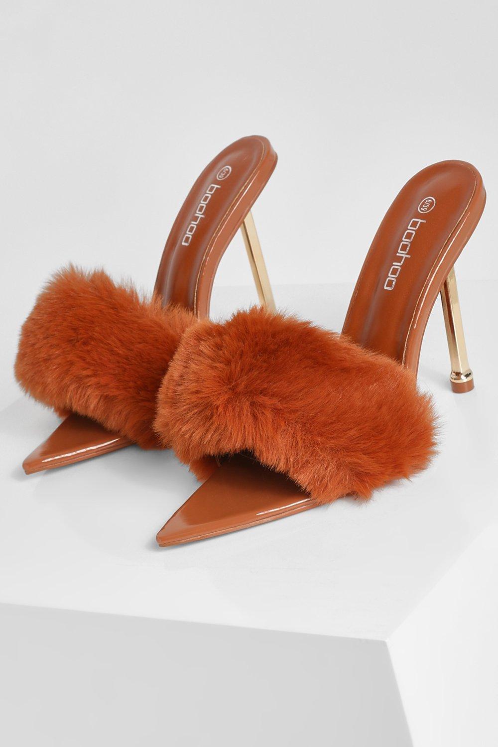 Fur Pointed Toe Gold Detail Heels boohoo