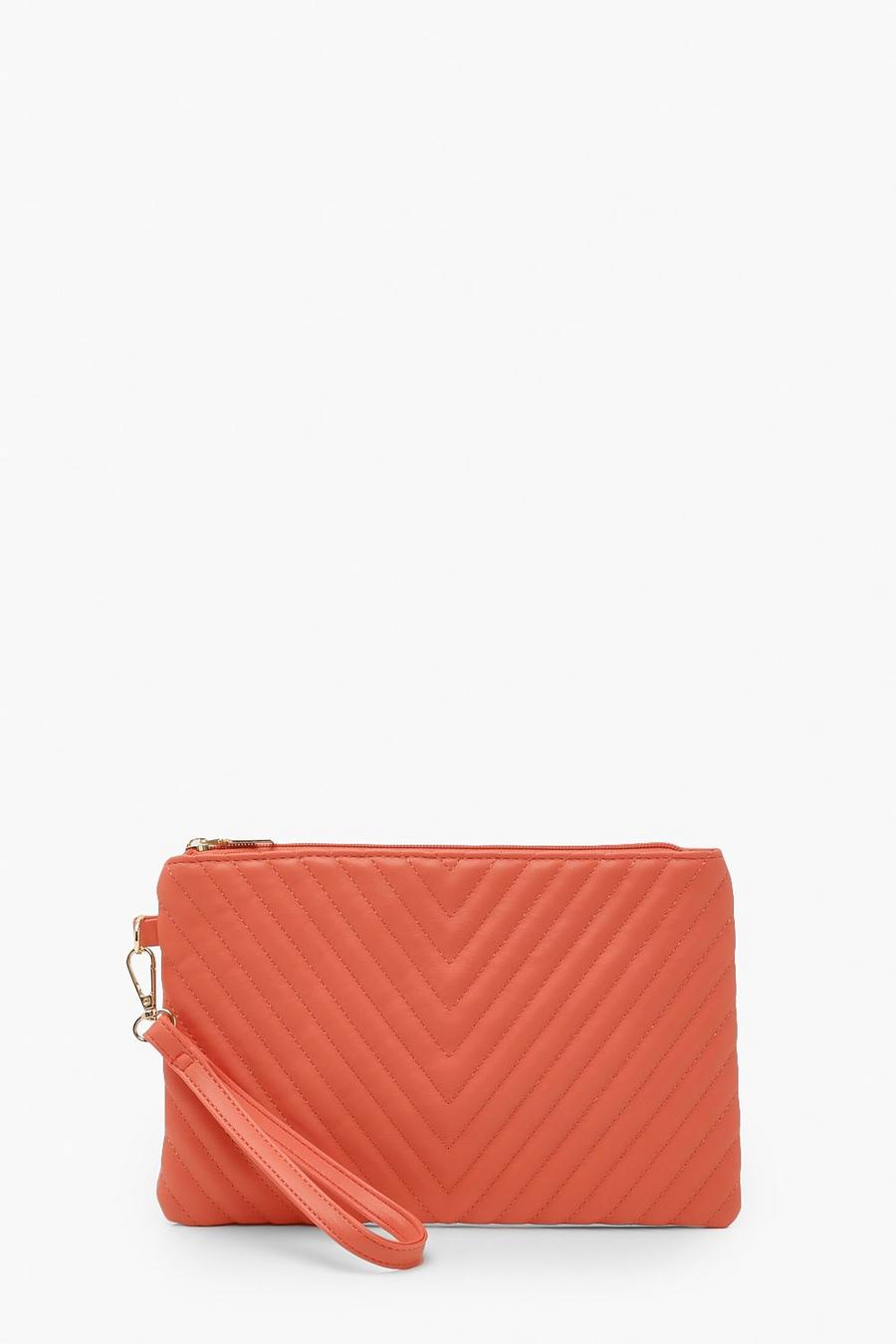 Orange Quilted Zip Top Clutch Bag image number 1