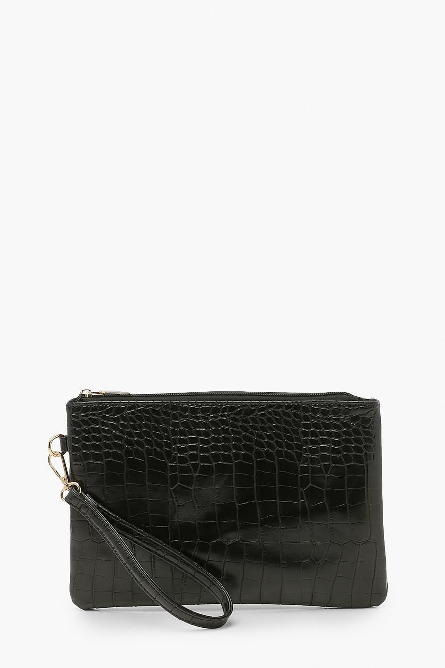 Black Croc Pu Zip Top Clutch Bag image number 1